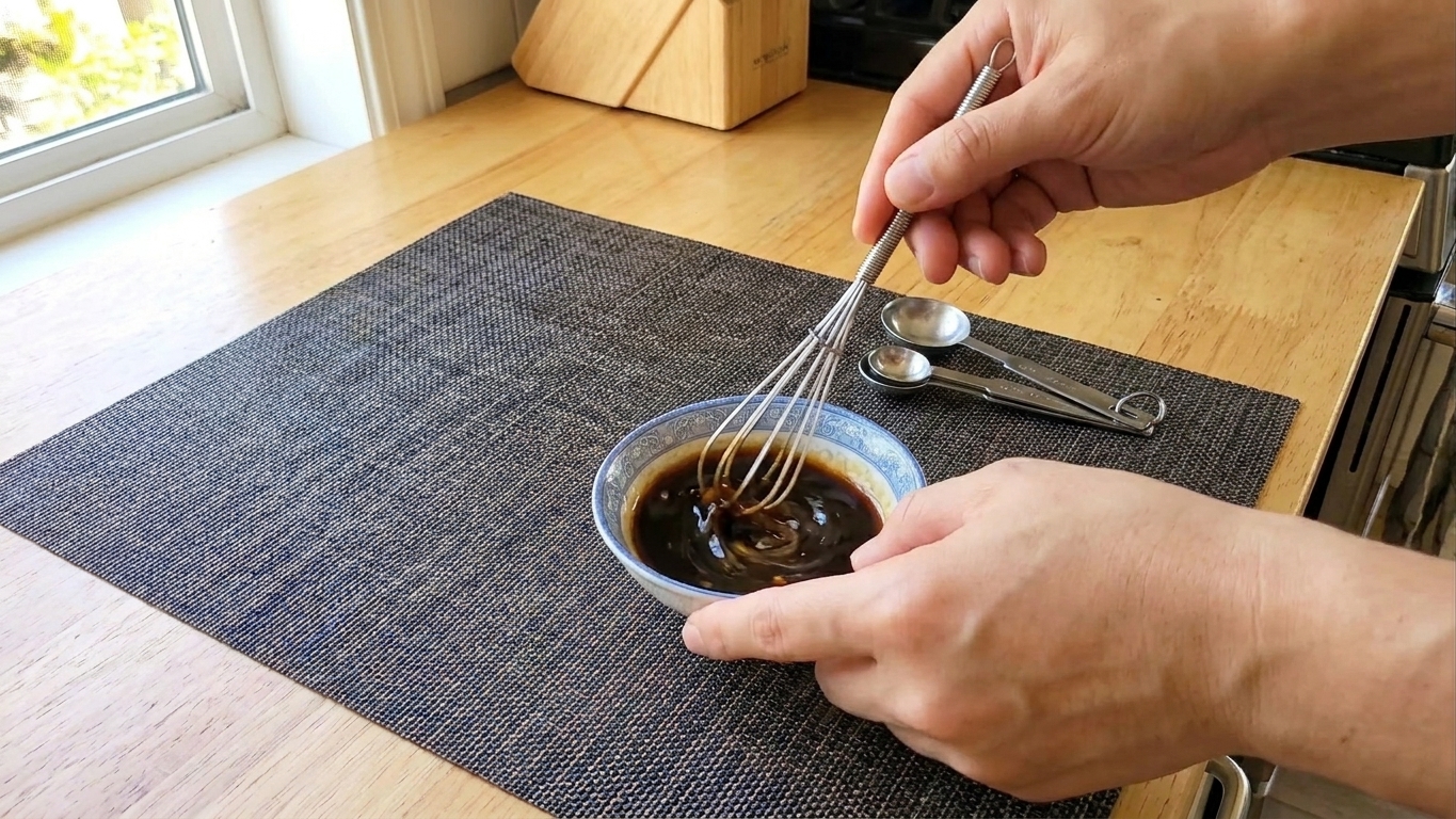 A small bowl of soy sauce and cornstarch slurry being whisked on a kitchen counter next to measuring spoons
