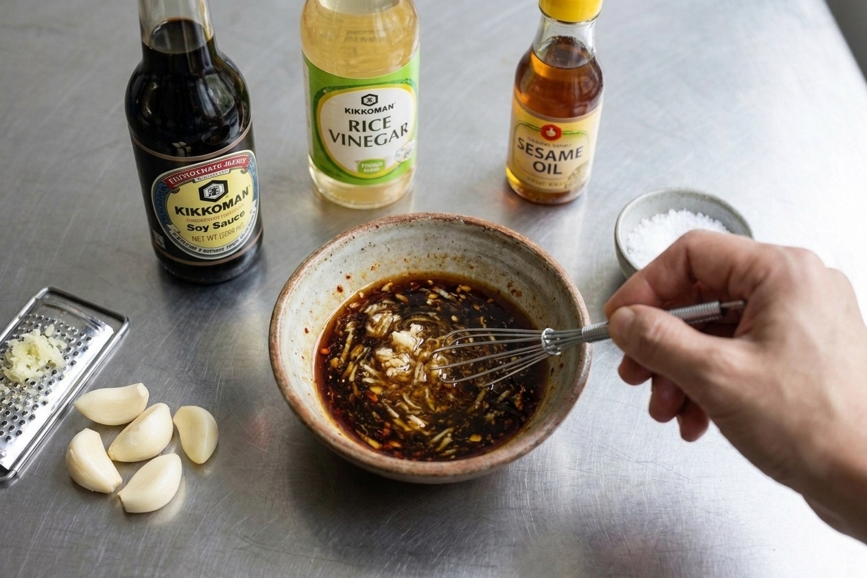 A small bowl of soy sauce and rice vinegar dressing being whisked with sesame oil and grated garlic on a kitchen counter
