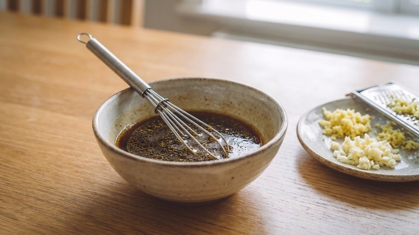A small bowl of soy sauce, honey, rice vinegar, and sesame oil whisked together on a kitchen counter next to minced garlic and grated ginger