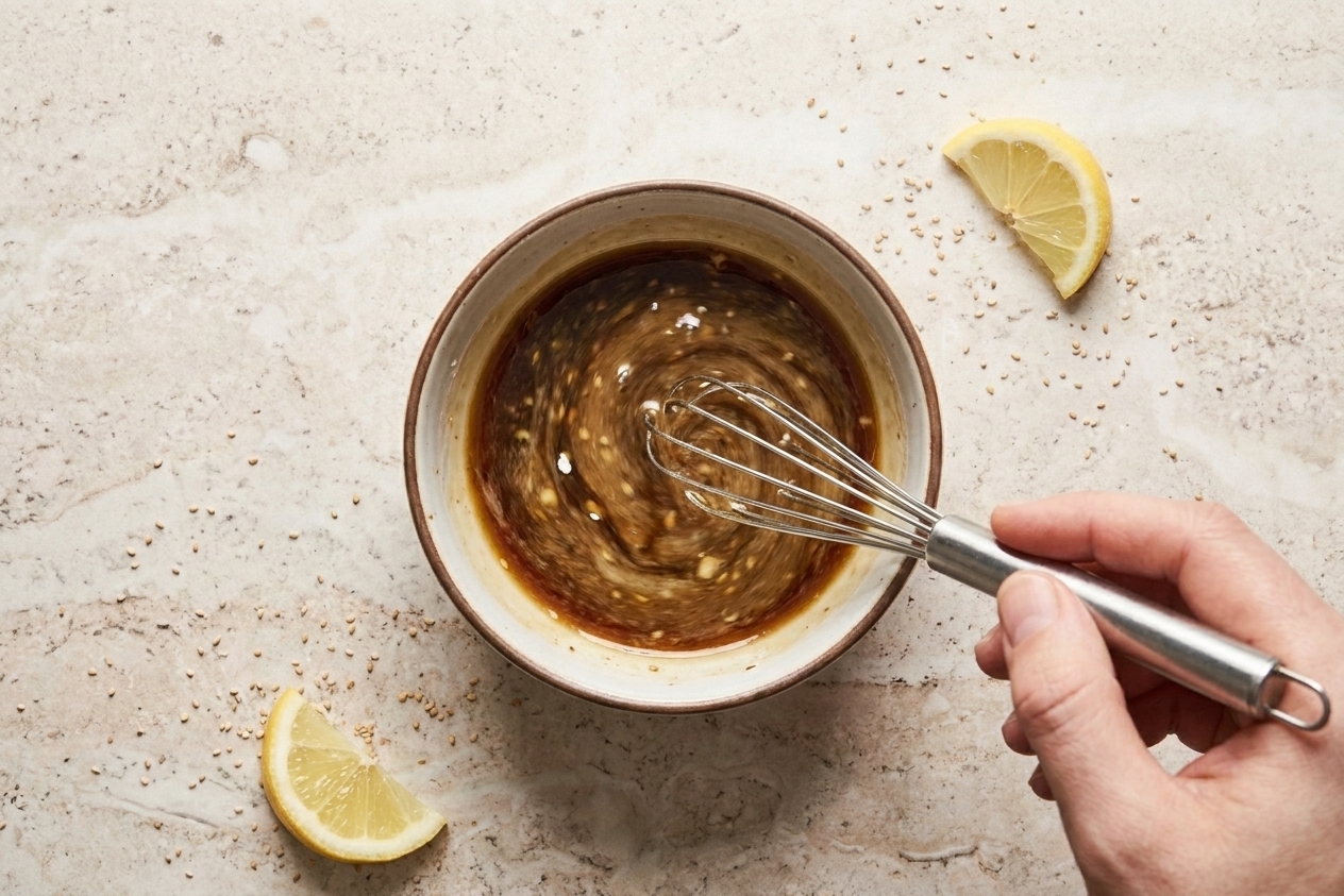 A small bowl of soy sauce, lemon juice, sesame oil, and cornstarch being whisked into a smooth slurry on a kitchen counter