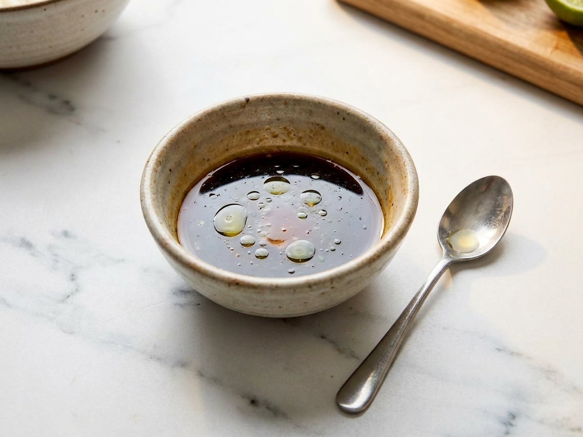 A small bowl of soy sauce mixed with lime juice, honey, and sesame oil next to a spoon on a kitchen counter