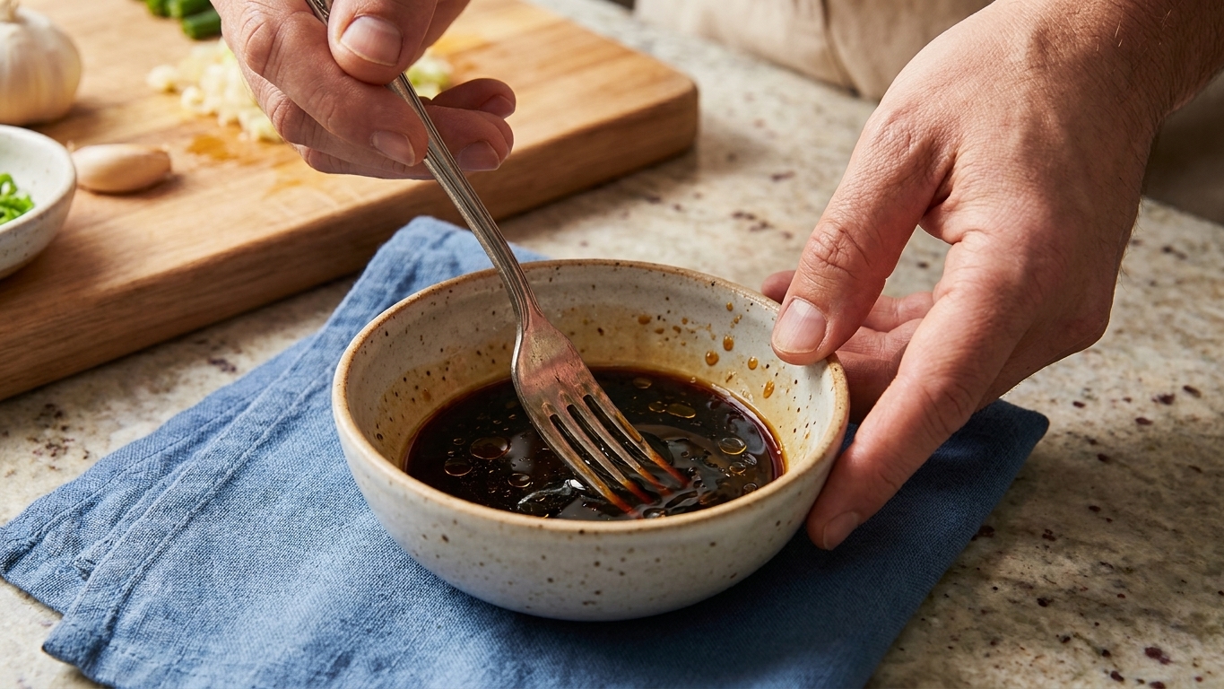 A small bowl of soy sauce mixture being whisked with a fork