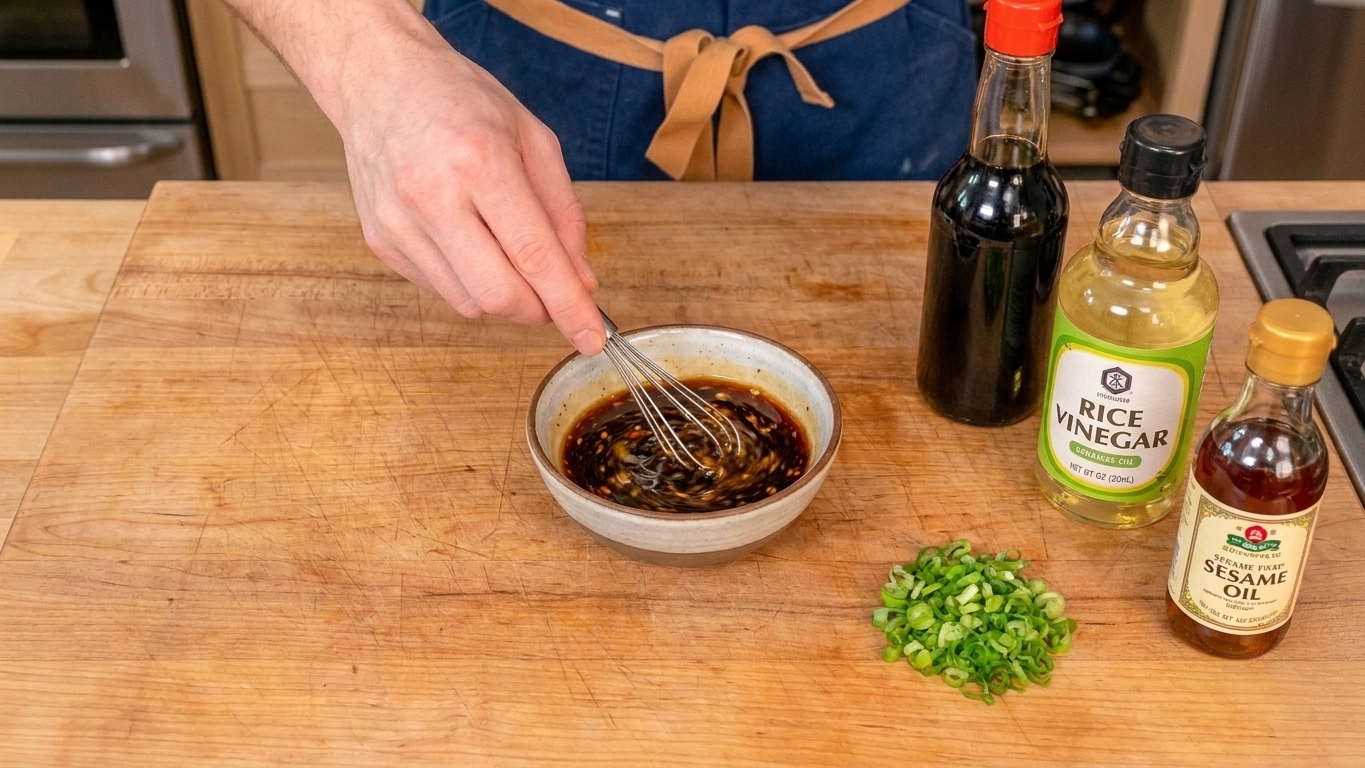 A small bowl of soy sauce, rice vinegar, and sesame oil being whisked with a fork on a countertop with scallions nearby