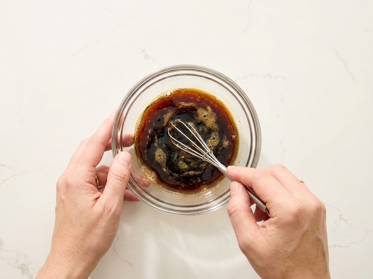 A small bowl of soy sauce, rice vinegar, honey, and sesame oil being whisked together on a kitchen counter