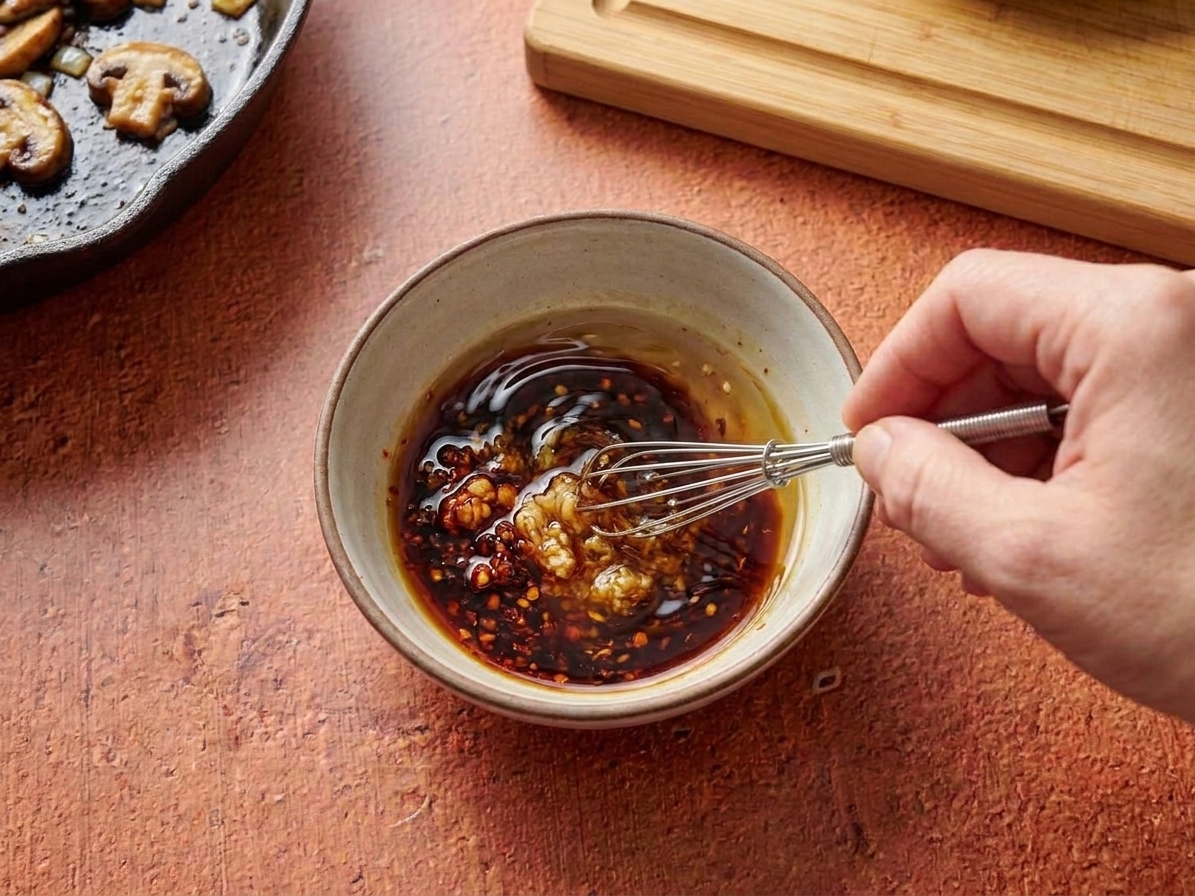 A small bowl of soy sauce, rice vinegar, sesame oil, grated garlic, and chili crisp being whisked together