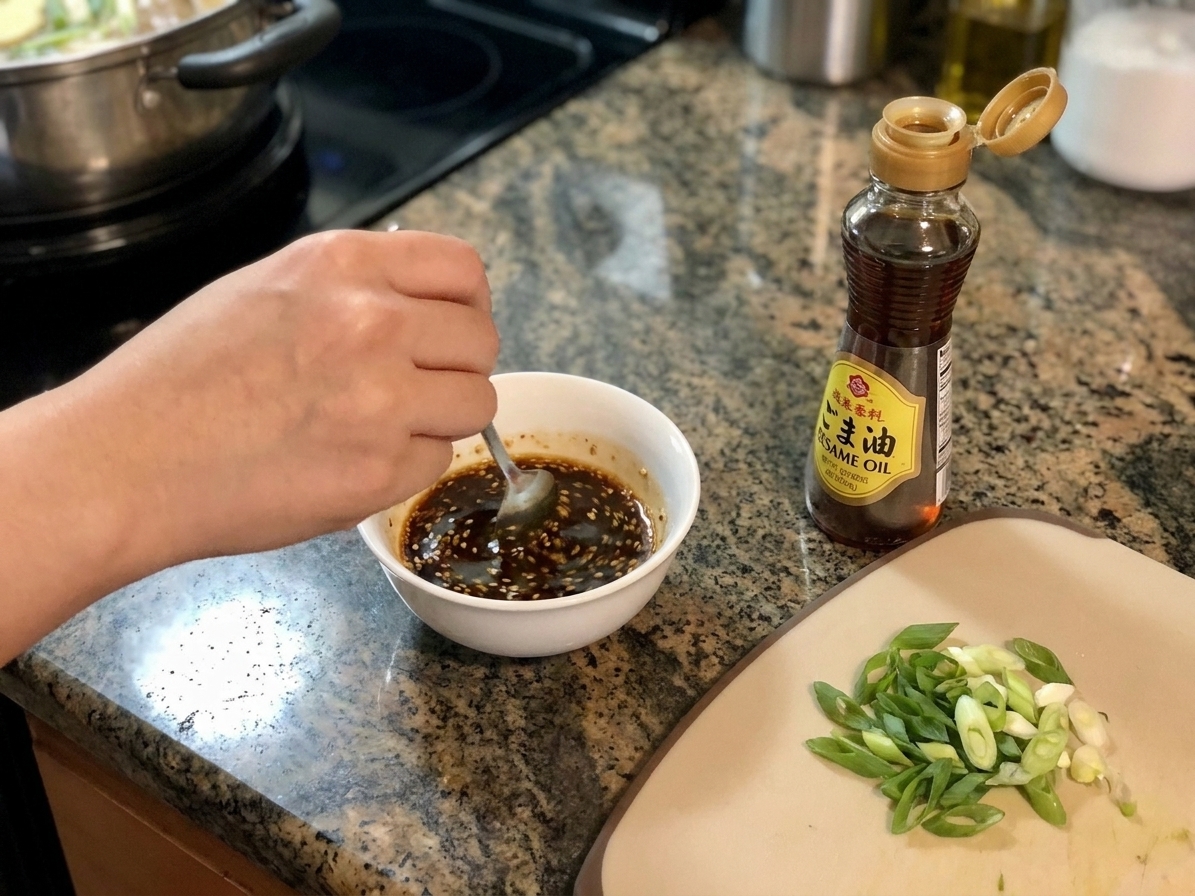 A small bowl of soy-sesame dipping sauce being stirred with sliced scallions and sesame oil nearby