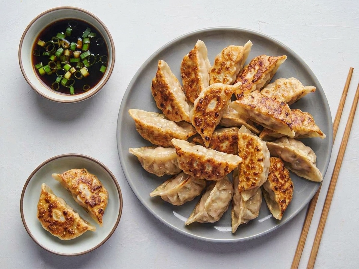 A small bowl of soy-vinegar dipping sauce with sliced scallions beside a plate of crispy pork dumplings on a kitchen table