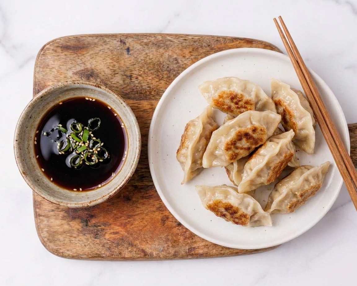 A small bowl of soy vinegar dipping sauce with sliced scallions and sesame seeds on a wooden table next to a plate of dumplings