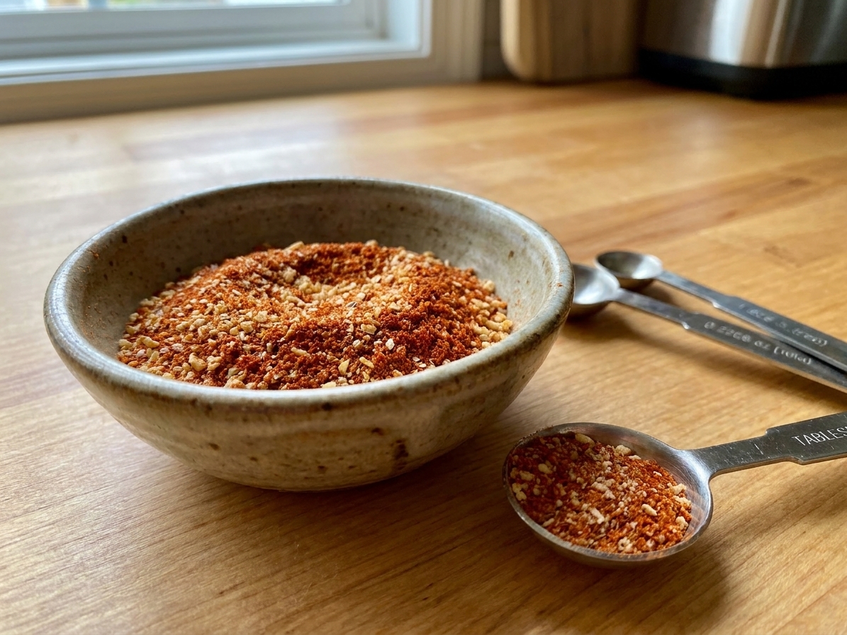 A small bowl of spice rub with paprika and garlic powder beside measuring spoons on a kitchen counter