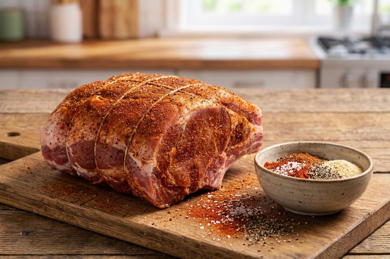 A small bowl of spice rub with smoked paprika, salt, pepper, and garlic powder beside a raw pork butt roast on a cutting board