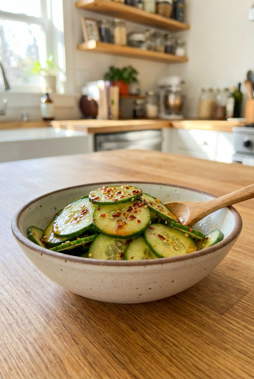 A small bowl of spicy cucumber salad with chili flakes and sesame oil in bright lighting