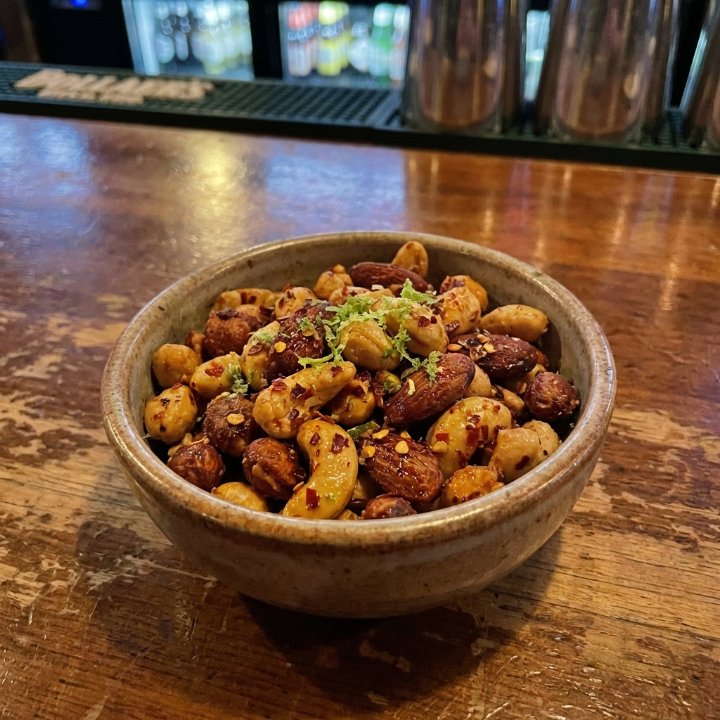 A small bowl of spicy roasted nuts with visible chili flakes and lime zest