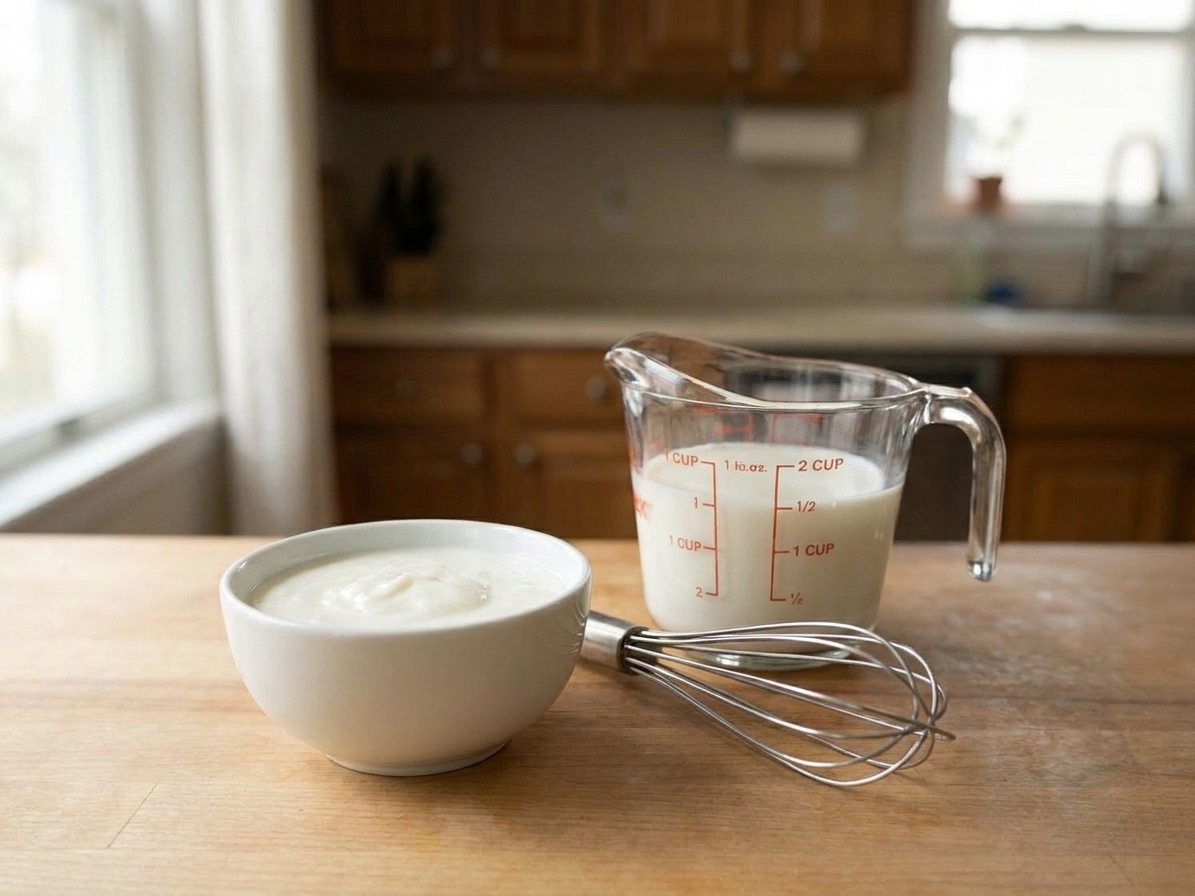 A small bowl of store-bought cultured buttermilk next to a measuring cup of milk on a clean kitchen counter, ready to be mixed