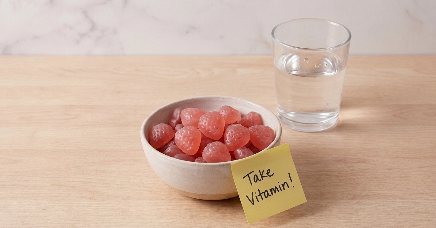 A small bowl of strawberry-flavored vitamin gummies on a kitchen counter next to a sticky note reminder and a glass of water