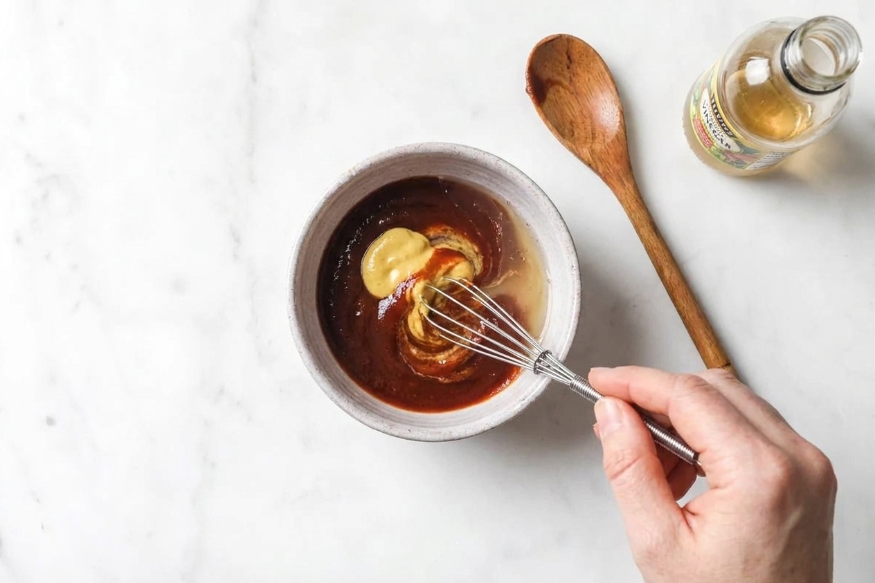 A small bowl of sugar-free ketchup glaze with mustard and vinegar being whisked together on a kitchen counter