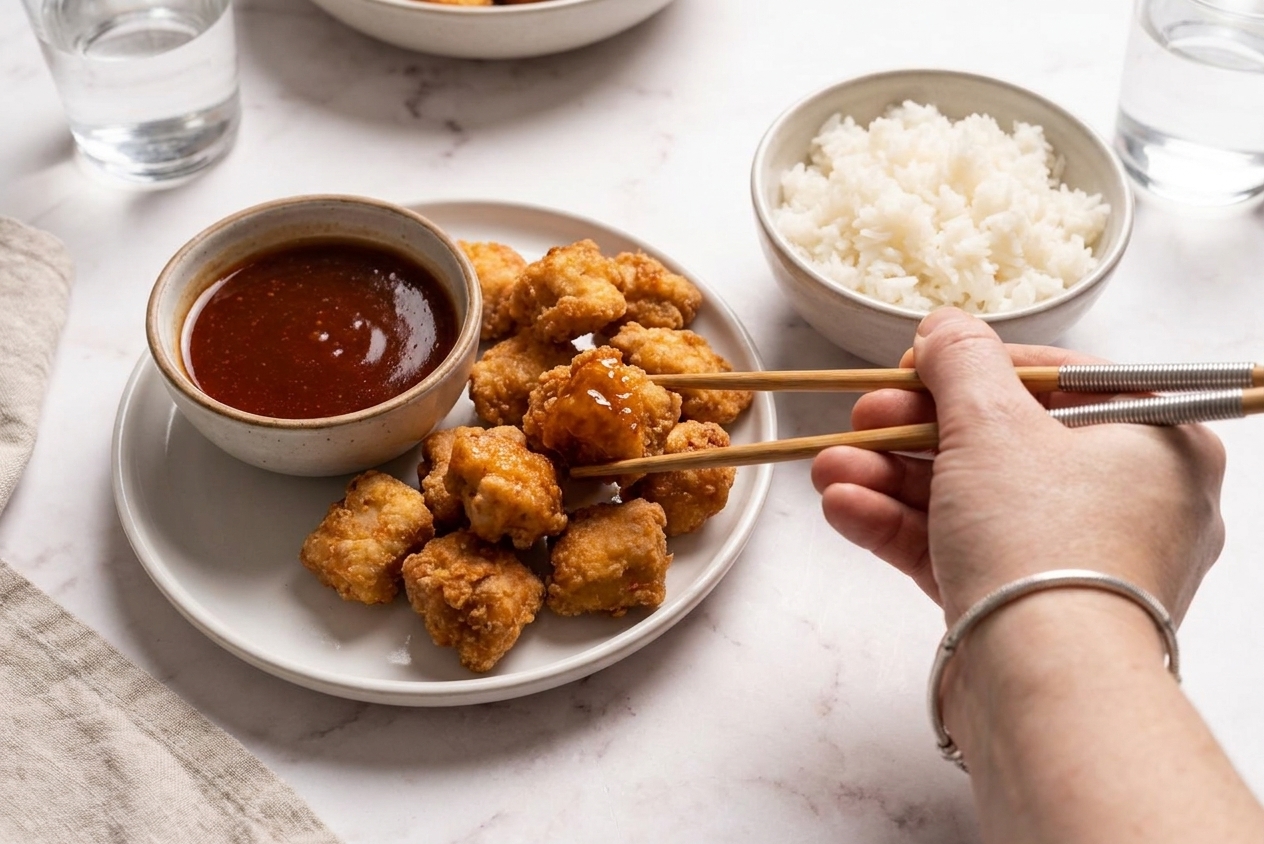 A small bowl of sweet and sour sauce on a dinner table next to a plate of crispy chicken bites and steamed rice, cozy home lighting
