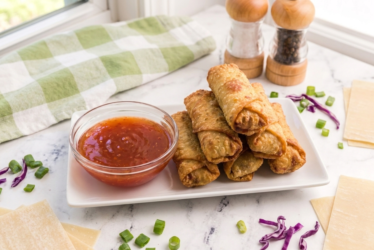 A small bowl of sweet and tangy dipping sauce next to a stack of freshly fried egg rolls on a kitchen counter