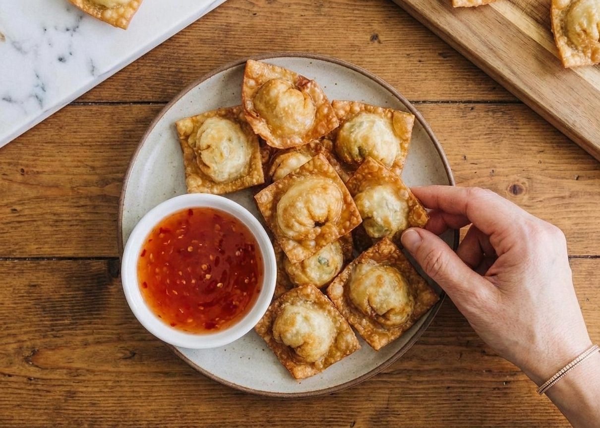 A small bowl of sweet chili dipping sauce next to a plate of crispy cream cheese wontons on a warm kitchen table setting