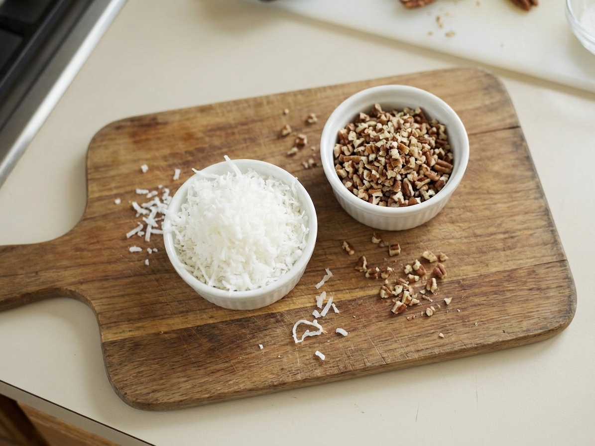 A small bowl of sweetened shredded coconut beside a bowl of finely chopped pecans on a wooden cutting board