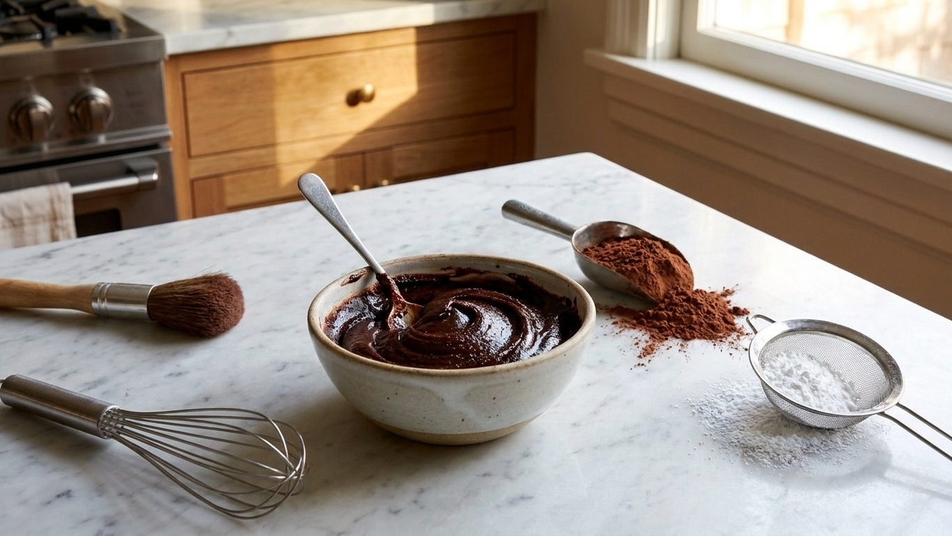 A small bowl of thick cocoa paste with a spoon resting in it on a kitchen counter next to cocoa powder and powdered sugar