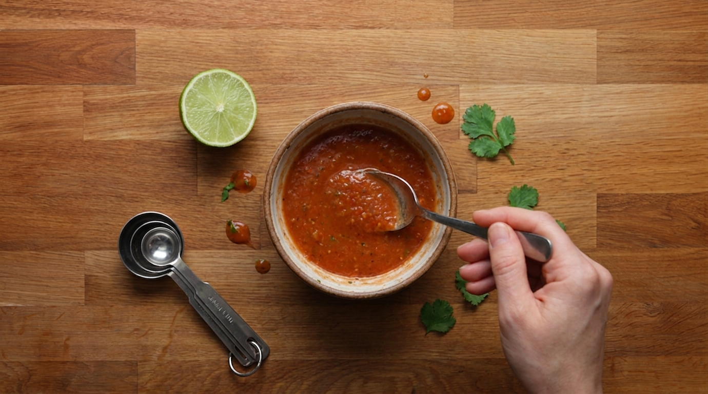 A small bowl of thinned salsa being stirred with a spoon on a kitchen counter next to a cut lime and measuring spoons