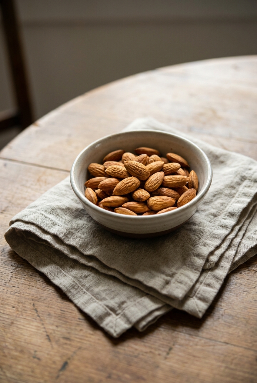 A small bowl of toasted almonds on a linen napkin