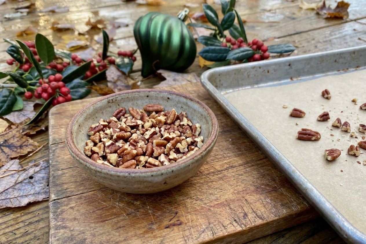 A small bowl of toasted chopped pecans on a wooden cutting board beside a baking sheet lined with parchment