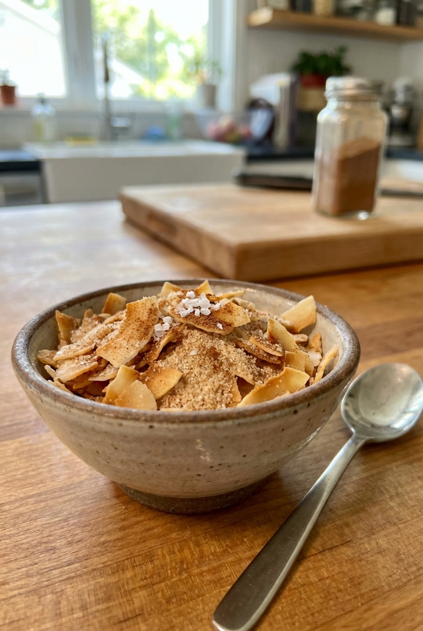 A small bowl of toasted coconut flakes mixed with cinnamon sugar and a pinch of salt next to a spoon on a kitchen counter