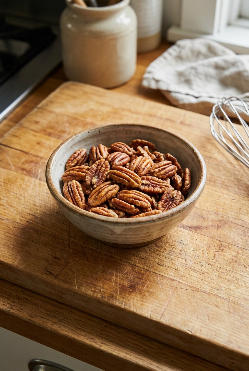 A small bowl of toasted pecans on a wooden cutting board