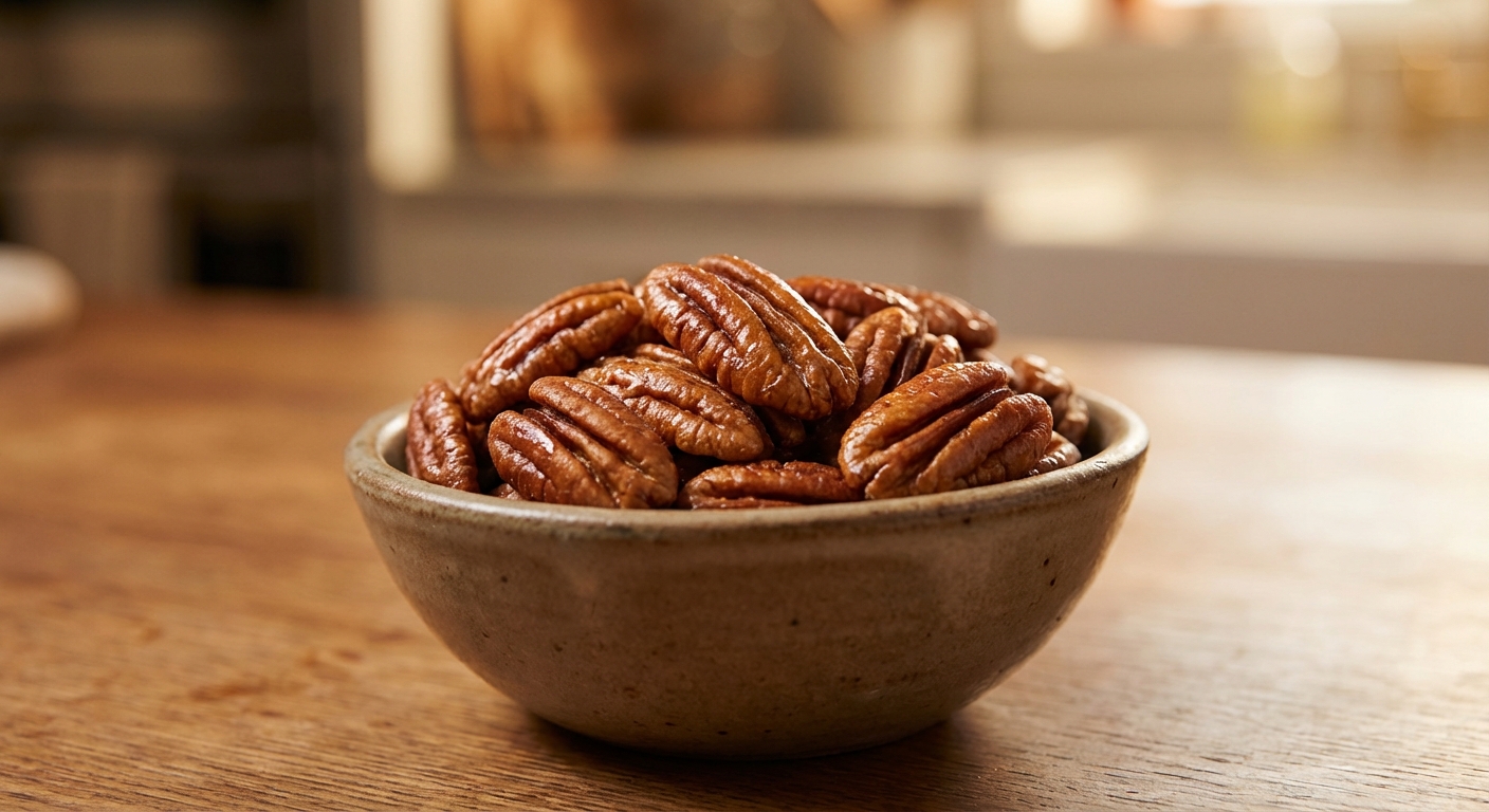 A small bowl of toasted pecans with a warm sheen