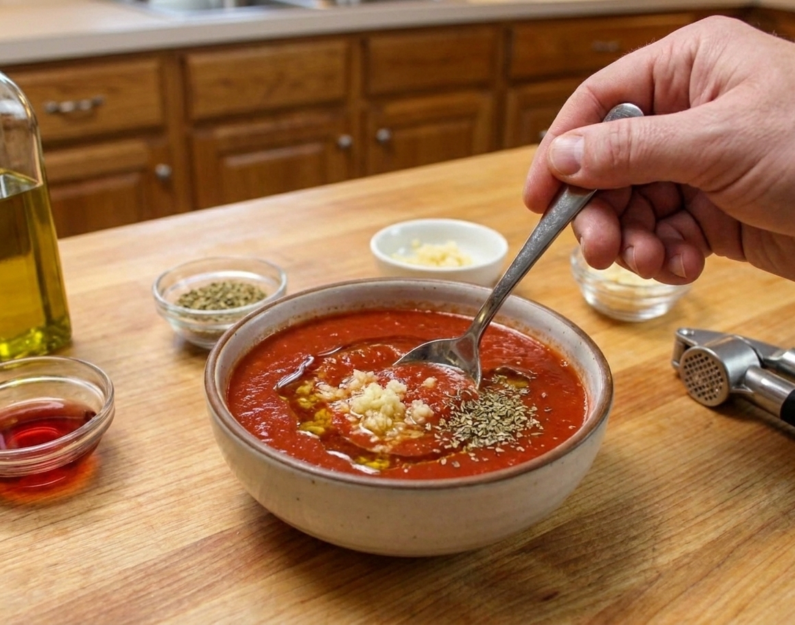 A small bowl of tomato sauce being mixed with grated garlic, olive oil, oregano, and vinegar on a kitchen counter with a spoon beside it