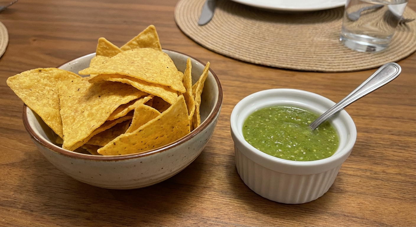A small bowl of tortilla chips next to a ramekin of salsa verde