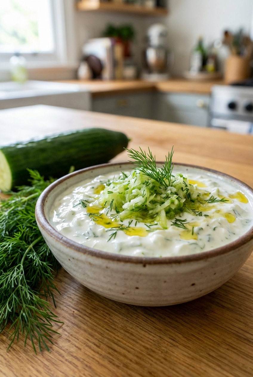 A small bowl of tzatziki with grated cucumber and dill