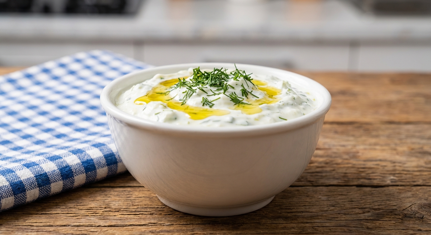 A small bowl of tzatziki with olive oil drizzle and chopped dill