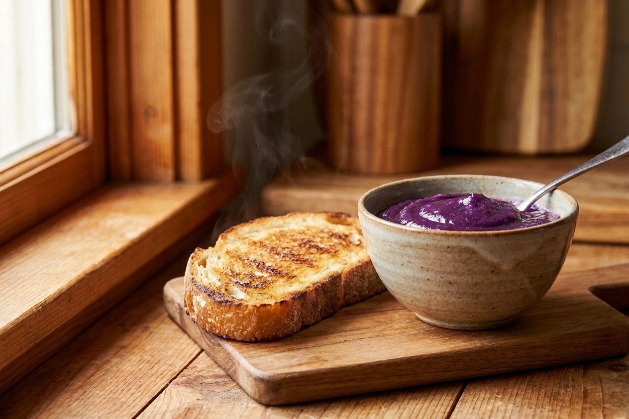 A small bowl of ube halaya served beside toasted bread on a simple table setting with warm morning light