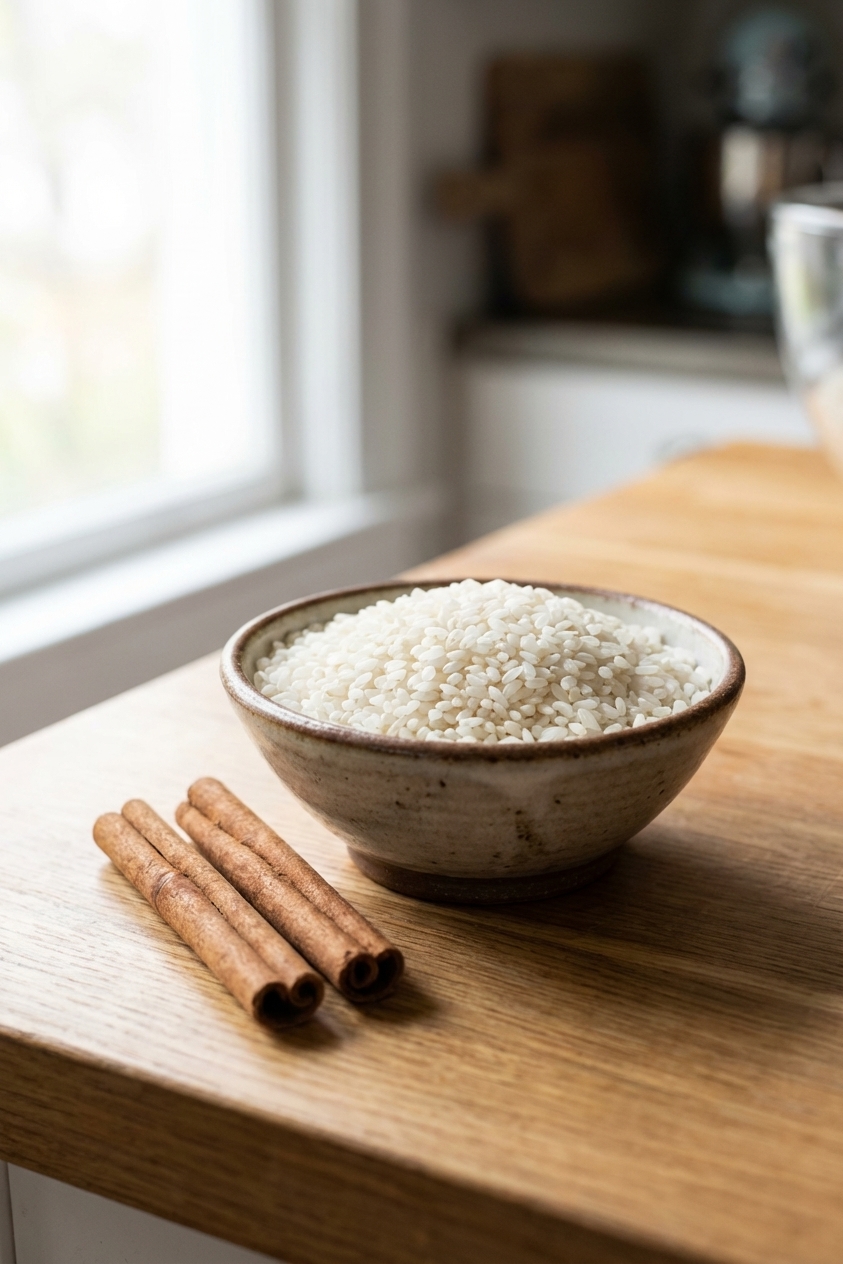 A small bowl of uncooked white rice next to two cinnamon sticks on a kitchen countertop, close-up, soft natural light, photorealistic