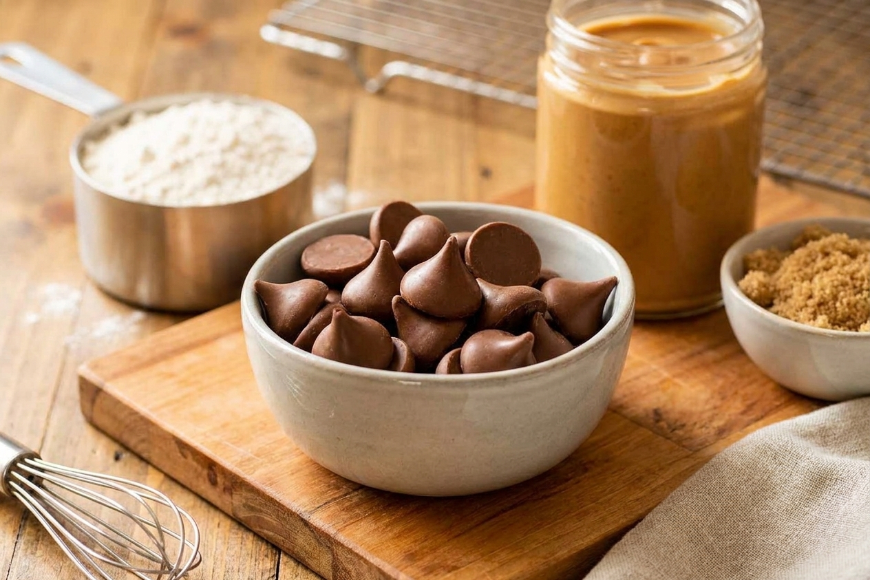 A small bowl of unwrapped chocolate kisses on a kitchen counter next to baking ingredients