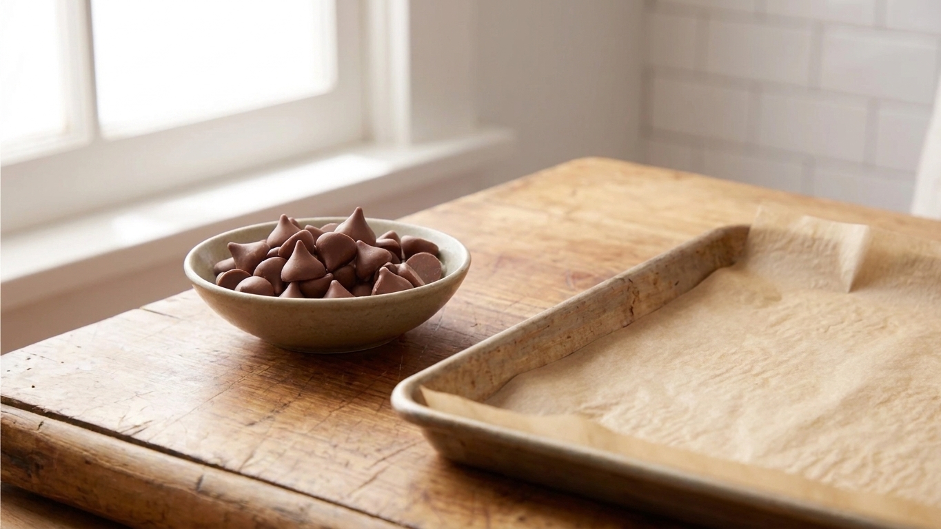 A small bowl of unwrapped milk chocolate kisses on a kitchen counter next to a lined baking sheet