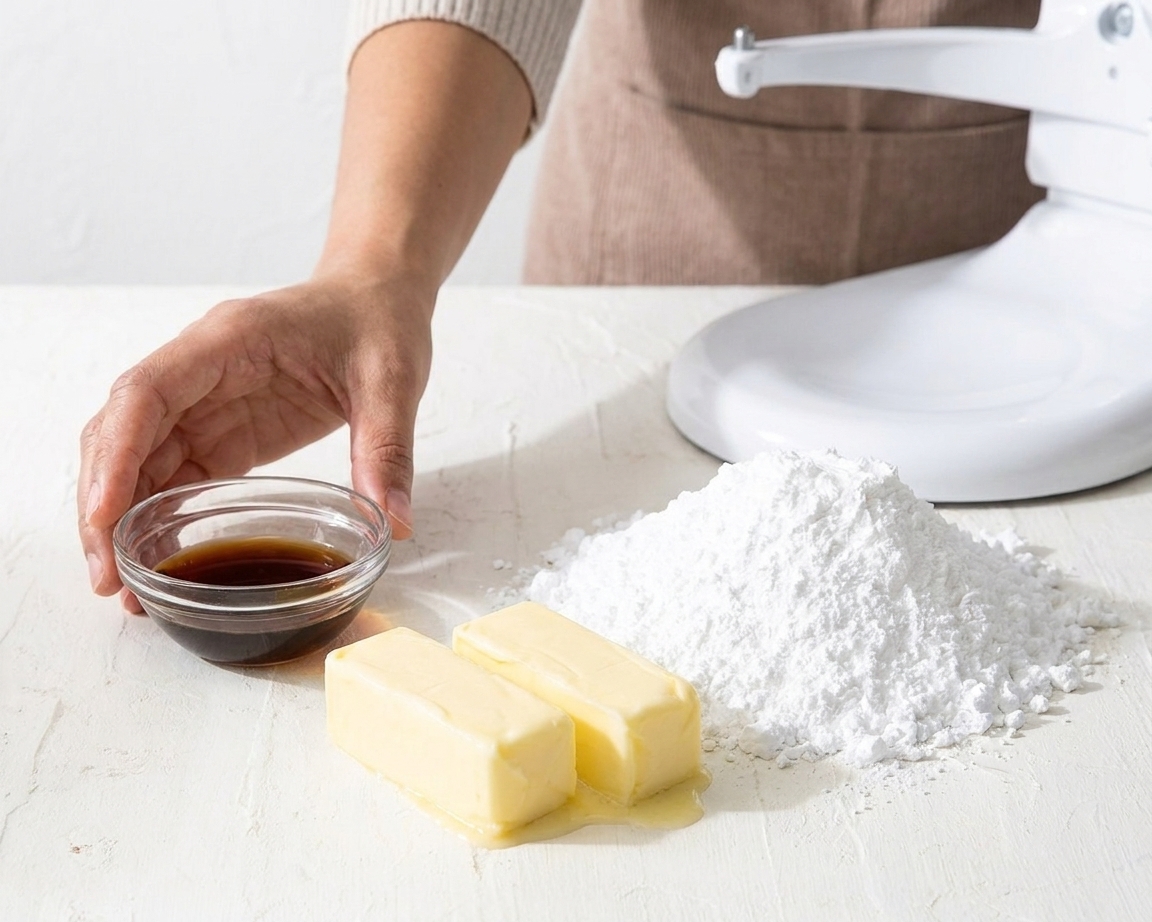 A small bowl of vanilla extract next to softened butter and a mound of powdered sugar on a bright kitchen counter