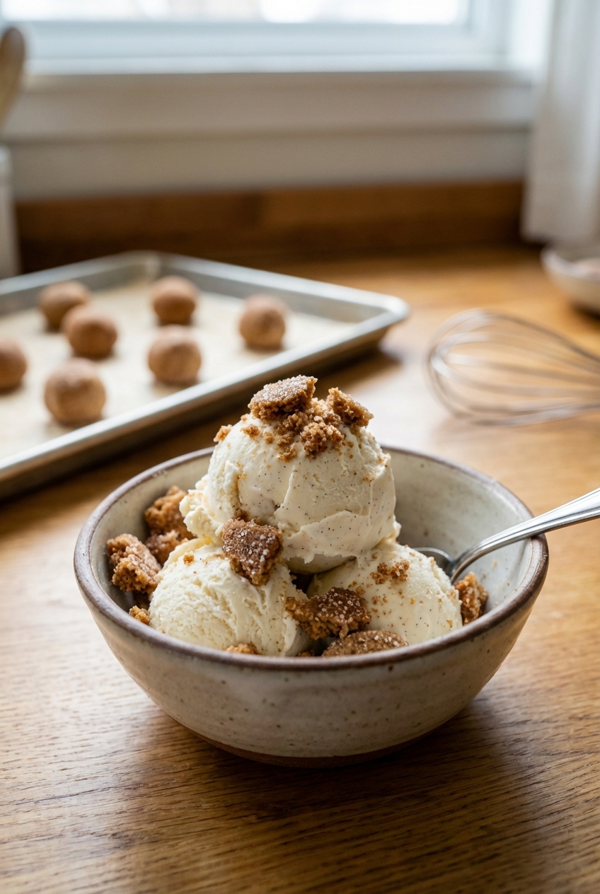 A small bowl of vanilla ice cream with crumbled spiced cookies on top