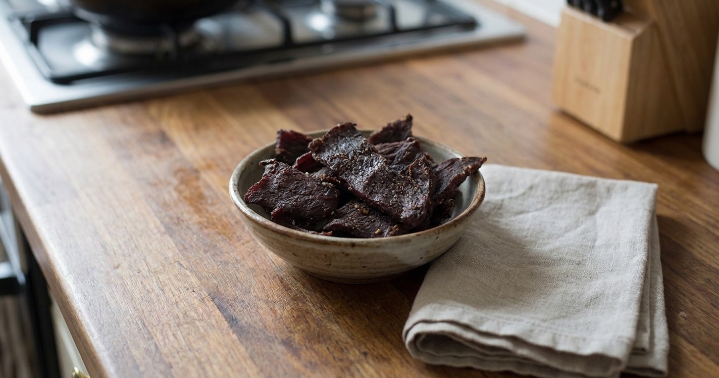 A small bowl of venison jerky on a wooden table with a napkin nearby