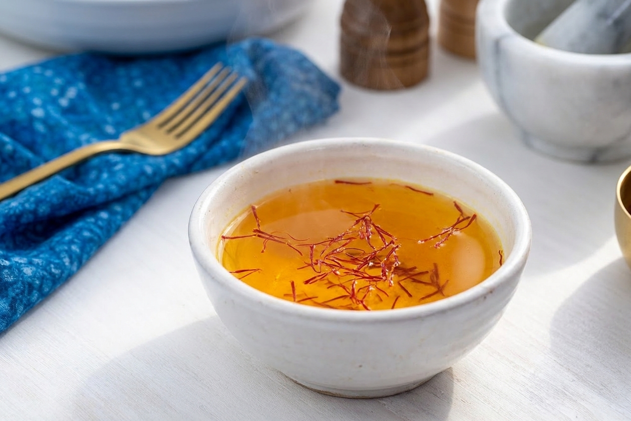 A small bowl of very hot water turned golden from blooming saffron threads on a kitchen counter
