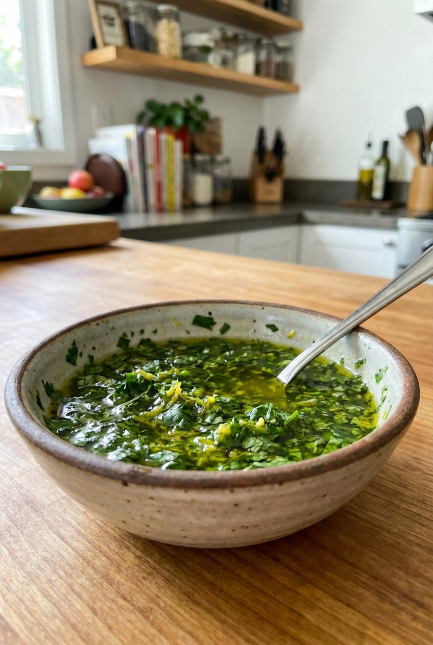 A small bowl of vibrant green lemon herb sauce with a spoon resting in it on a kitchen counter