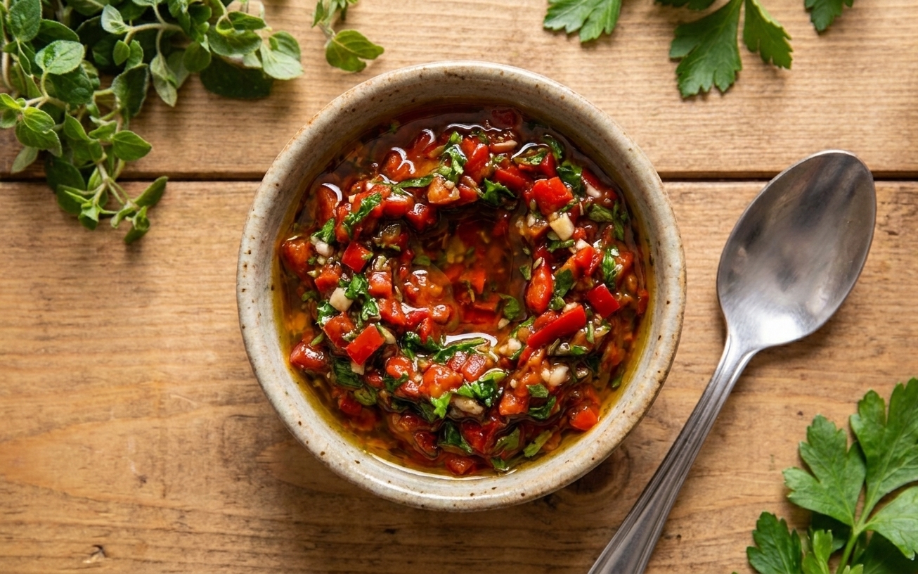 A small bowl of vibrant red chimichurri sauce with visible herbs and minced garlic on a wooden counter beside a spoon, warm natural kitchen light