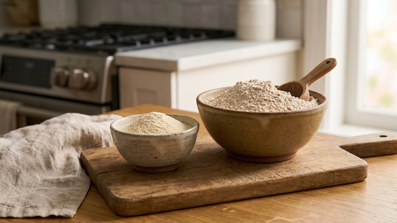 A small bowl of vital wheat gluten next to a larger bowl of whole wheat flour on a kitchen counter