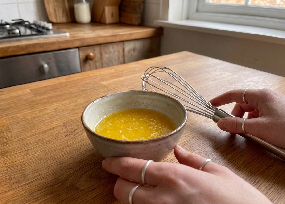 A small bowl of warm melted butter on a kitchen counter next to a whisk