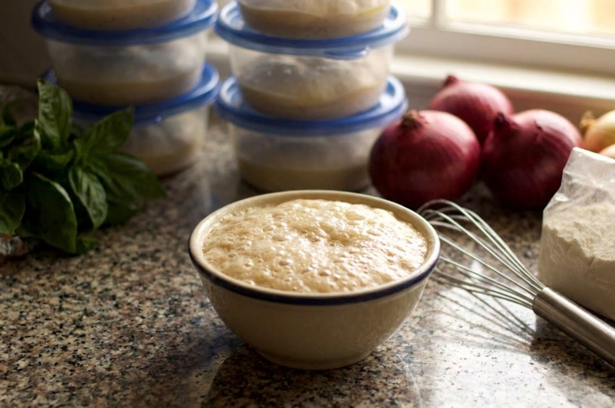 A small bowl of warm water with yeast and sugar foaming on the surface on a kitchen counter