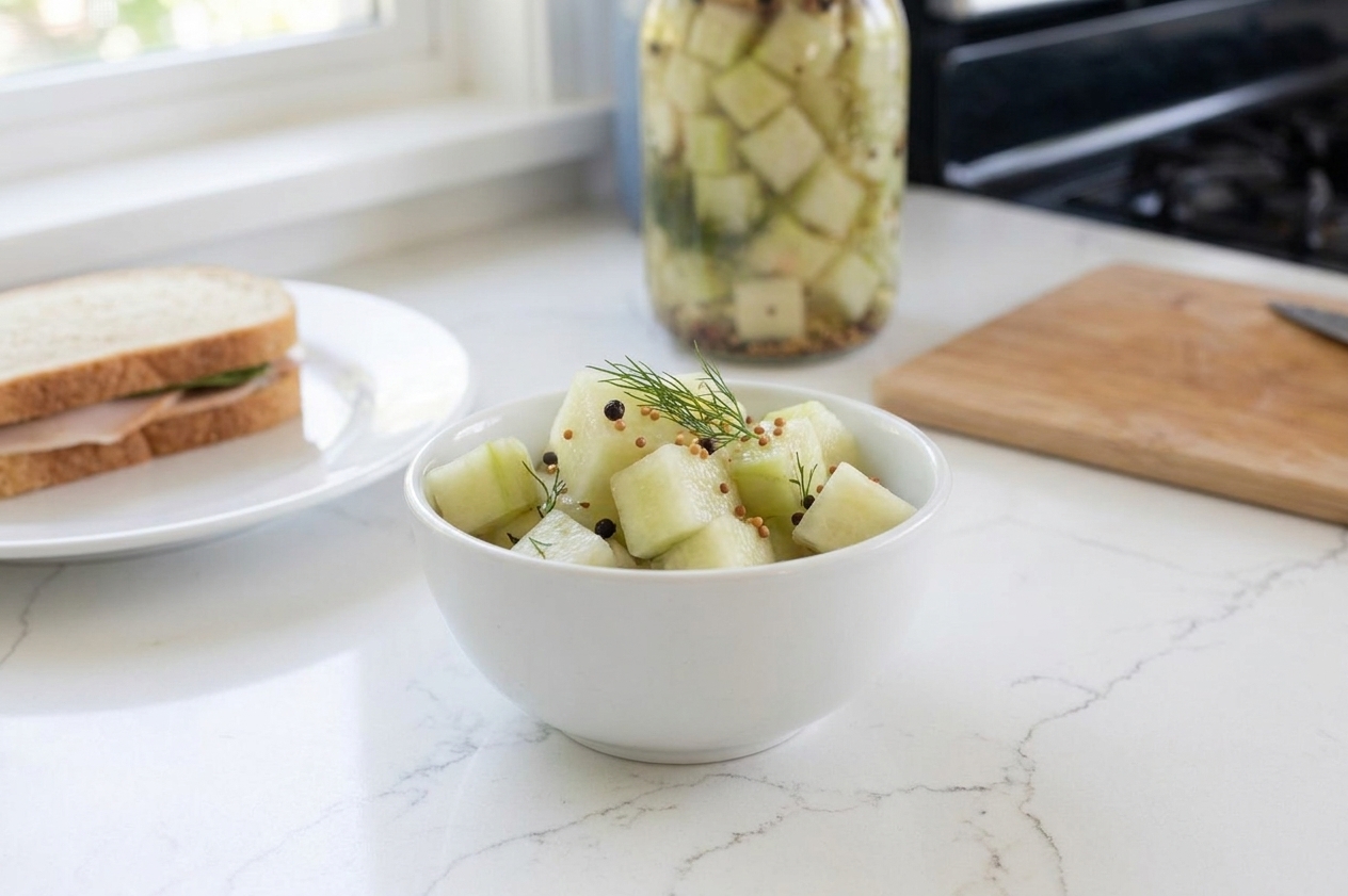 A small bowl of watermelon rind pickles served as a side