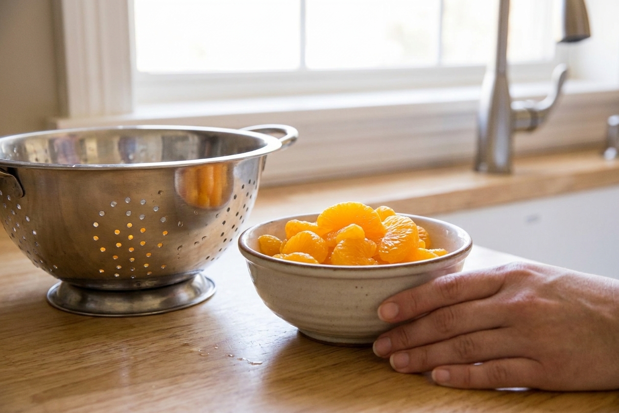 A small bowl of well drained mandarin orange segments on a kitchen counter next to a colander