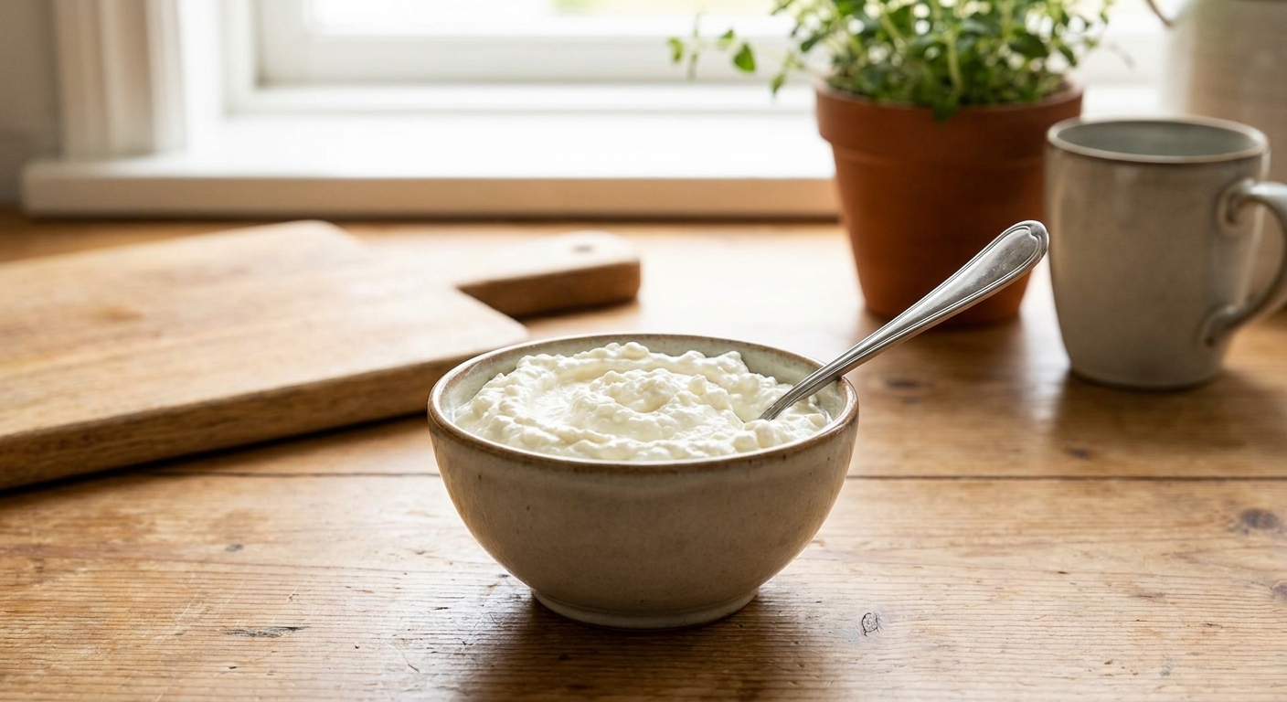 A small bowl of whipped cottage cheese with a spoon resting inside on a wooden countertop, bright kitchen light